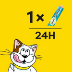 Cartoon cat character with a product tube on a yellow background