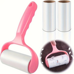 Pink and white pet hair removal roller with two replacement rollers on a white background.