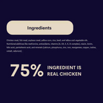 Ingredients list with a focus on real chicken content on a dark background