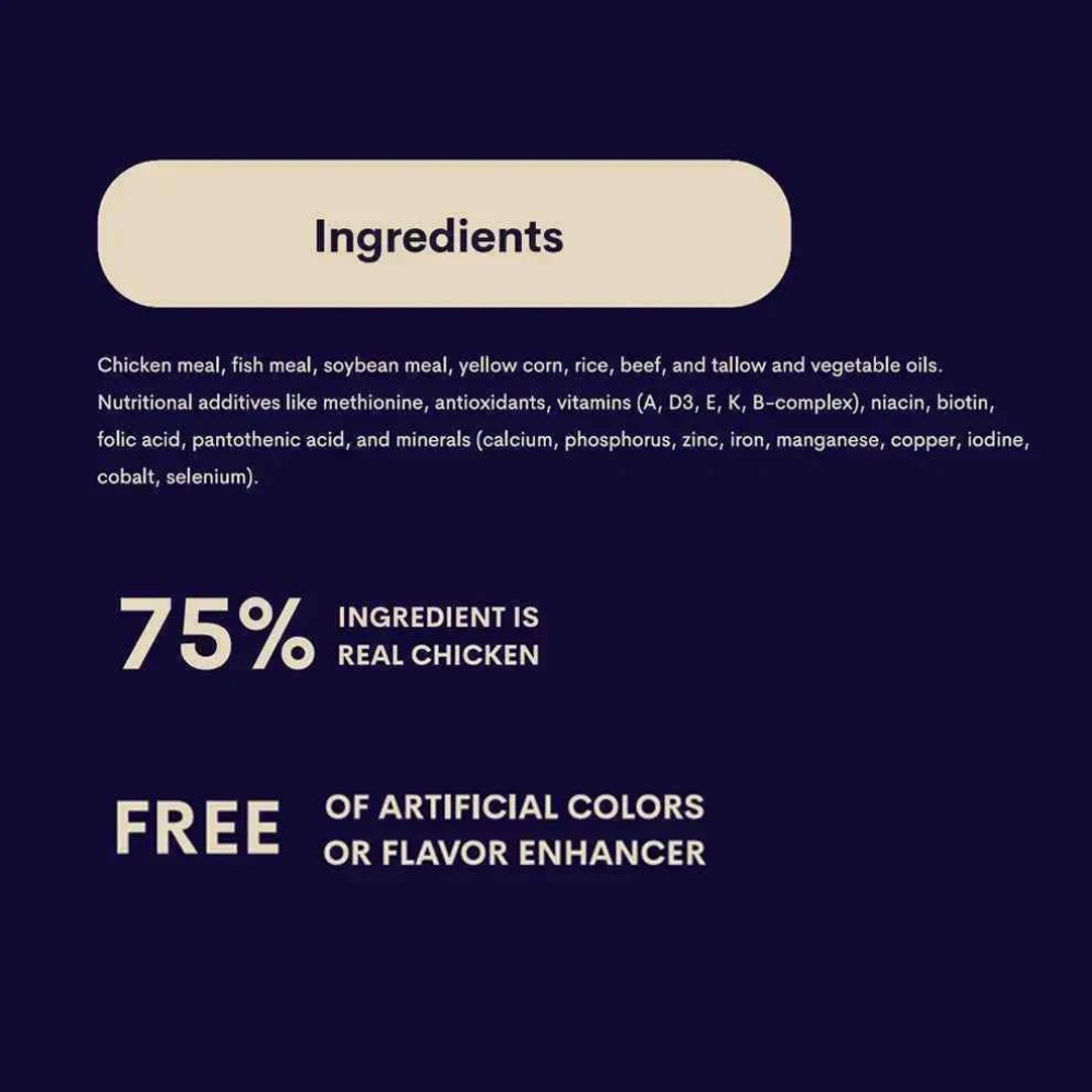 Ingredients list with a focus on chicken content and artificial color/flavor enhancer free declaration on a dark background.