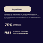 Ingredients list with a focus on chicken content and artificial color/flavor enhancer free declaration on a dark background.