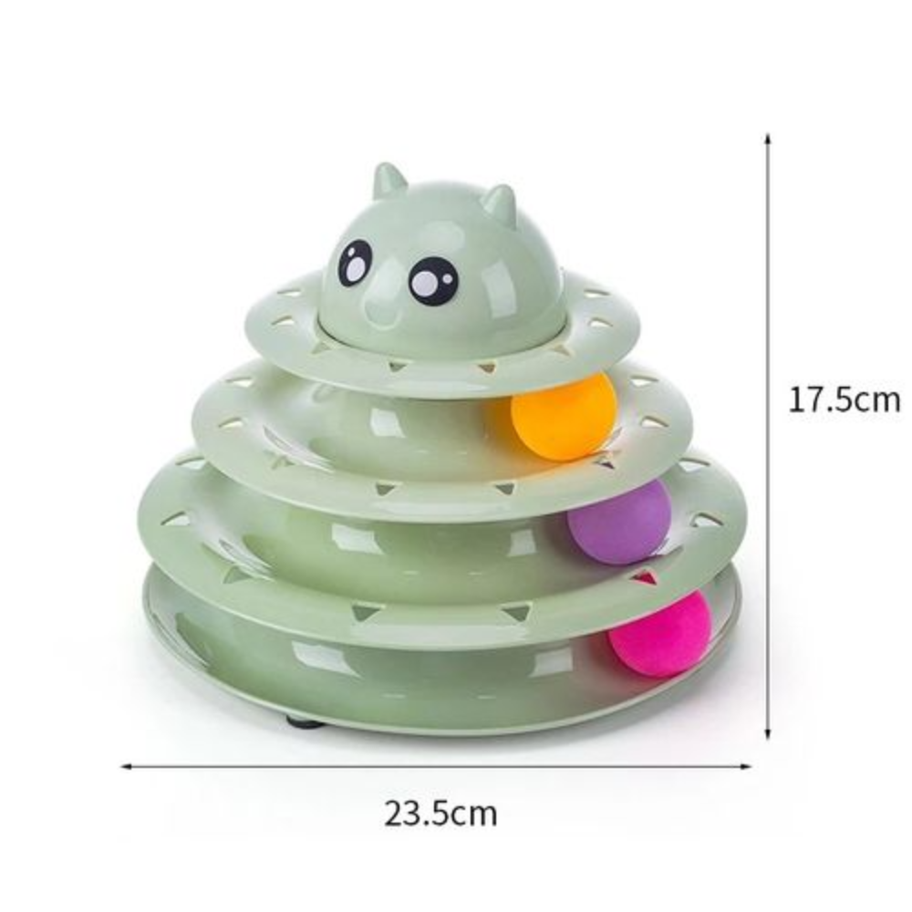Three-tiered green toy with colorful balls and measurements on a white background