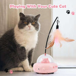 Cat playing with a pink toy featuring a feather and light