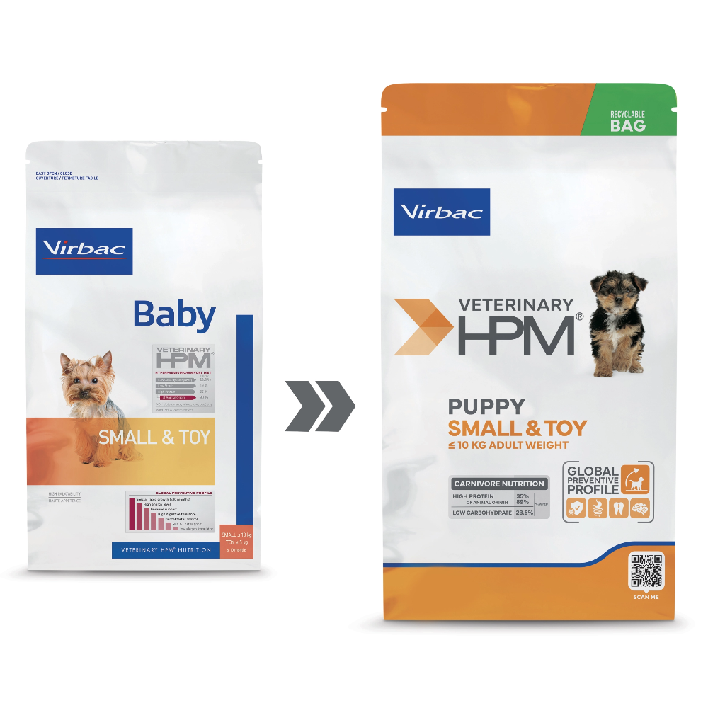Two packages of Virbac Veterinary HPM dog food for small and toy breeds on a white background.