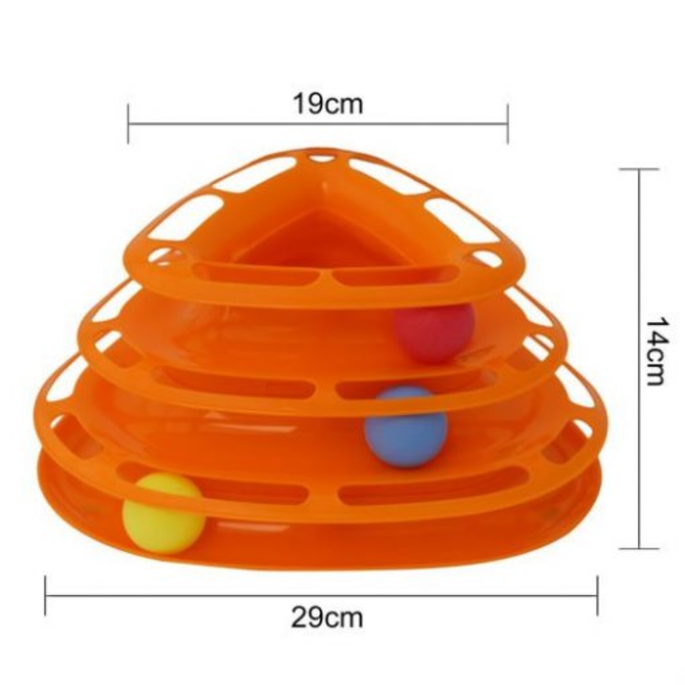 Orange three-tiered plastic maze toy with colorful balls, showing measurements on a white background.