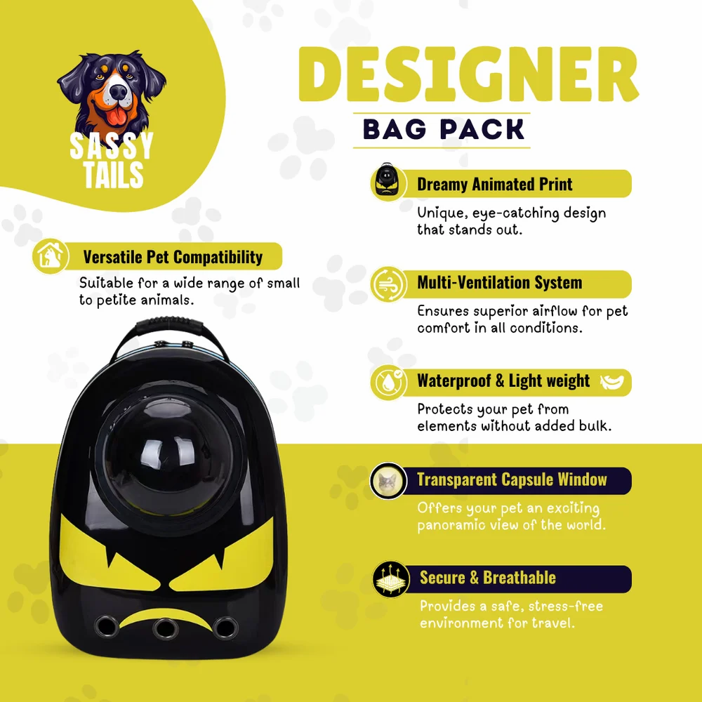 Pet carrier with features highlighted on a yellow and white background