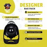 Pet carrier with features highlighted on a yellow and white background
