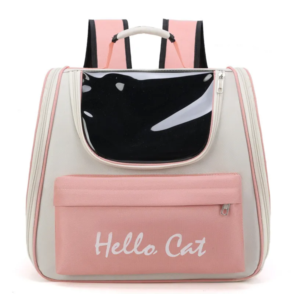 Pink and gray pet carrier with 'Hello Cat' text on a white background