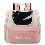 Pink and gray pet carrier with 'Hello Cat' text on a white background