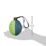 Green and blue dog toy shaped like a grenade with measurement details on a white background