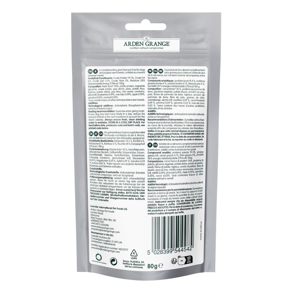 Back of a Arden Grange pet food package with text and barcode on a white background