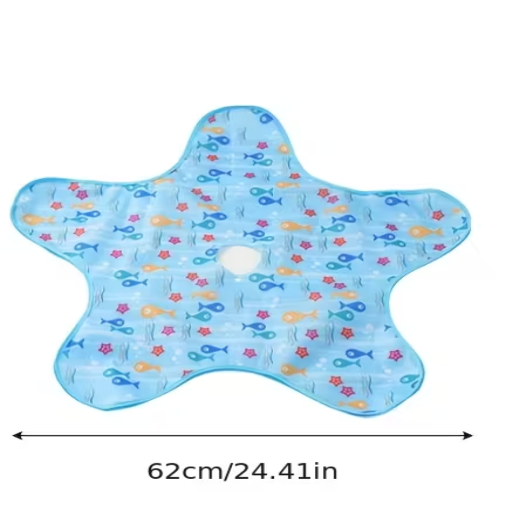 Star-shaped blue mat with fish pattern and measurements on a white background