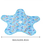 Star-shaped blue mat with fish pattern and measurements on a white background