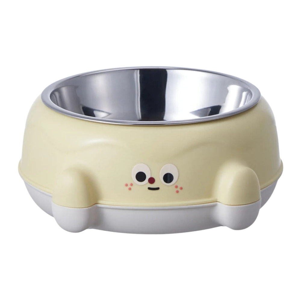 Beige pet bowl with cartoon face design on a white background