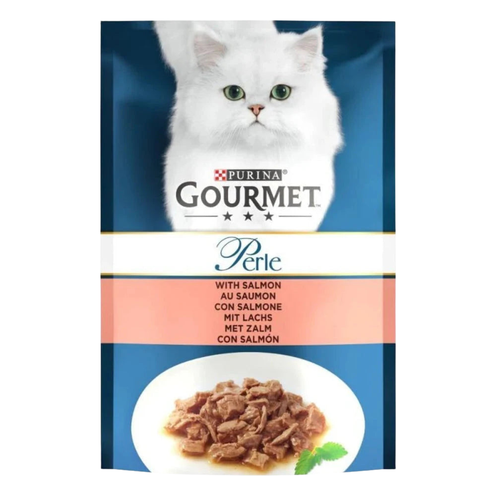 Purina Gourmet Perle cat food package with a white cat on a blue background