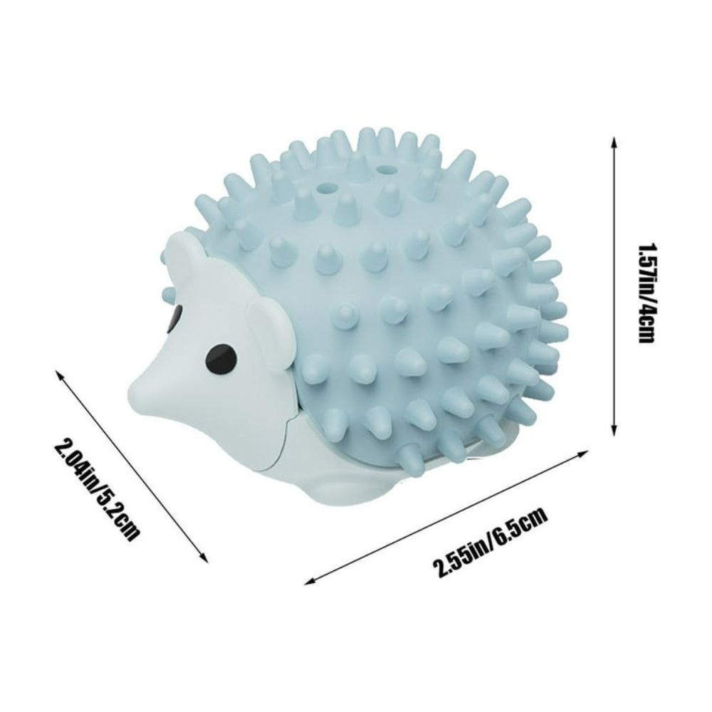 Blue hedgehog-shaped toy with measurements on a white background