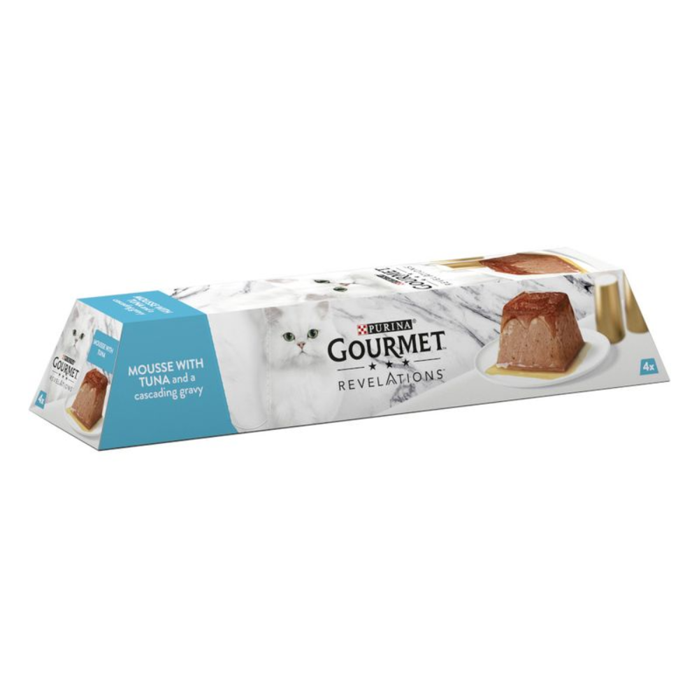 Gourmet cat food package with a white background