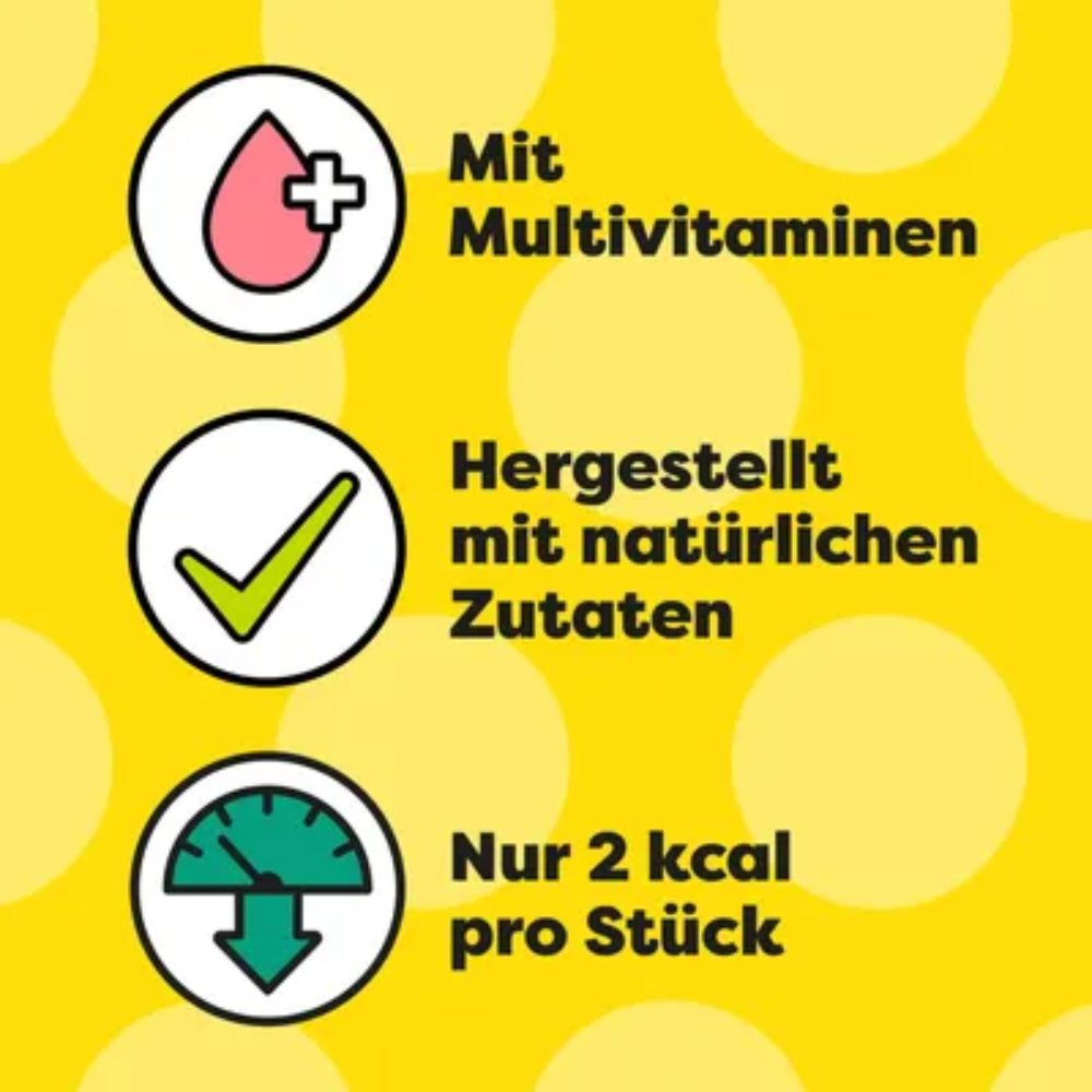 Product information with icons and text on a yellow background