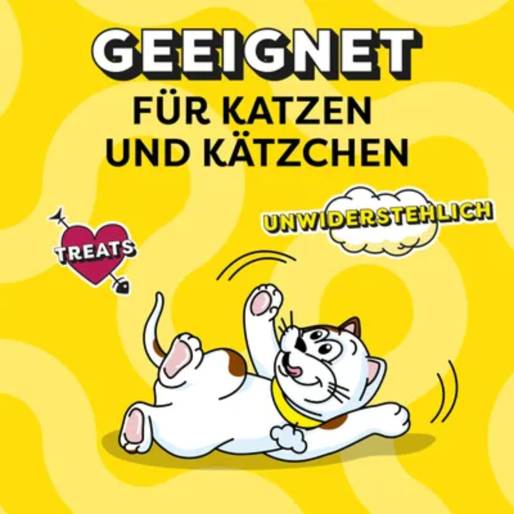 Cartoon cat on a yellow background with German text and 'Treats' graphic