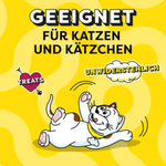 Cartoon cat on a yellow background with German text about cat treats.
