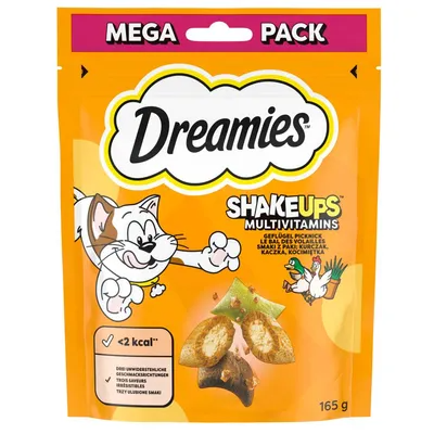 Dreamies ShakeUps Multivitamins packaging for cats with cartoon cat and duck illustration on orange background