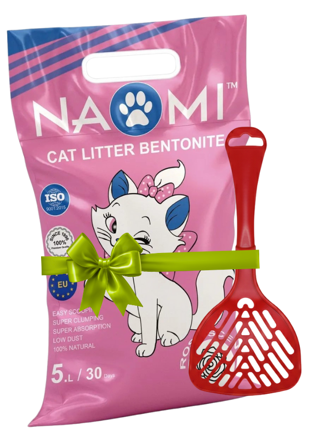 Pink package of Nomi cat litter with a cartoon cat and red scoop on a white background