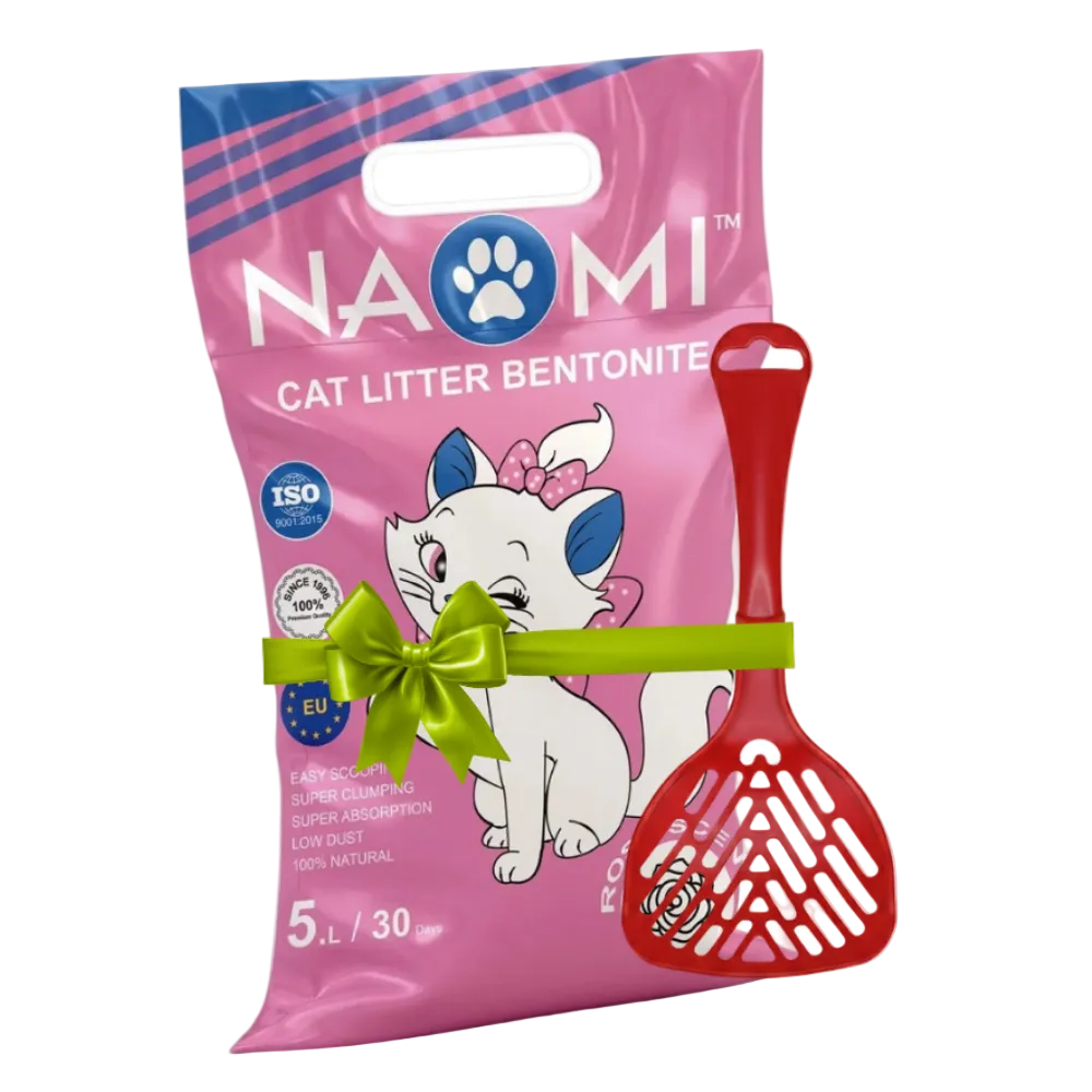 Pink package of Nomi cat litter with a cartoon cat and red scoop on a white background