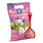 Pink package of Nomi cat litter with a cartoon cat and red scoop on a white background