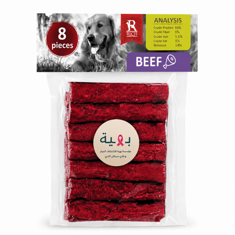 Pack of 8 beef jerky strips in a clear plastic bag with a printed header card. The header card shows a black-and-white photo of a dog, an analysis panel, and a purple 'BEEF' label.