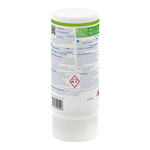 White cylindrical container with a label on a white background