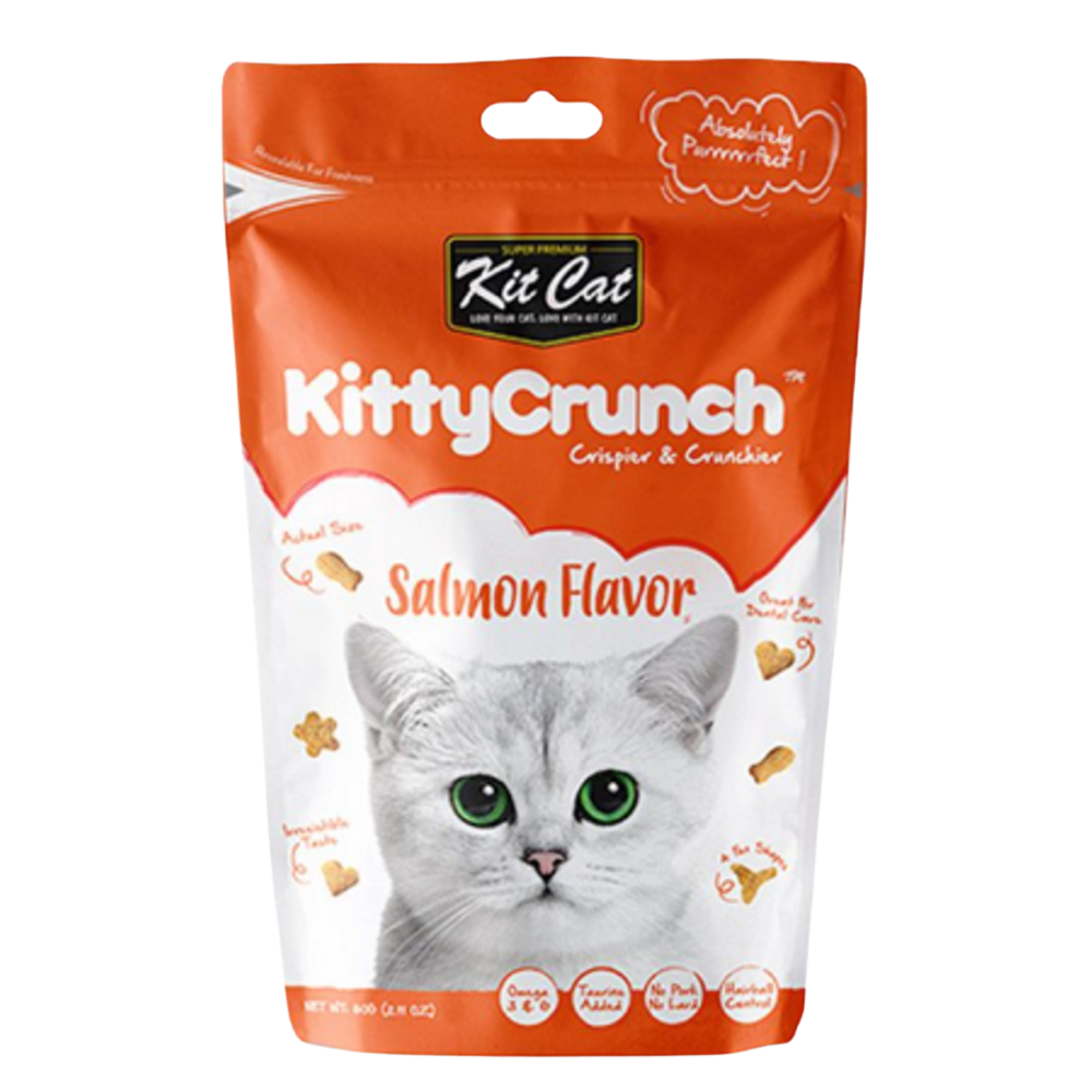 Kitty Crunch salmon flavor cat treat package with a cat's face on the front.