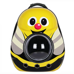 Pet carrier shaped like a bee with a yellow face and black stripes on a white background