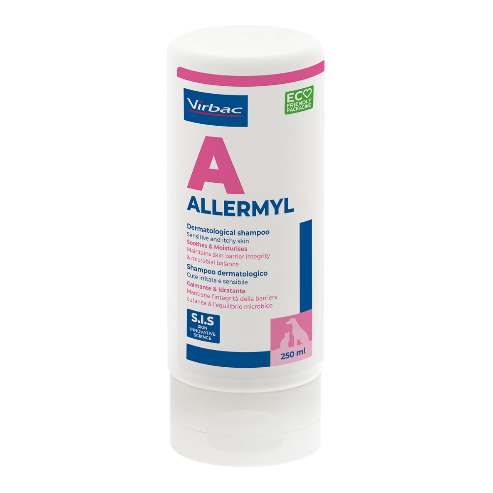 A 250 ml bottle of Virbac Allermyl Dermatological shampoo, featuring a white plastic container with pink and blue label accents.
