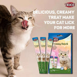 Cat licking its lips with Trixie cat treats and packaging in the background