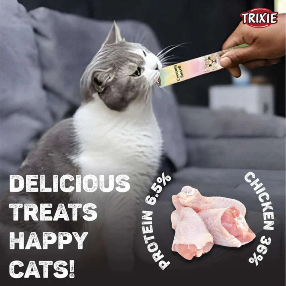 Cat eating a treat with text about protein and chicken content, and the Trixie brand logo.