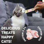 Cat eating a treat with text about protein and chicken content, and the Trixie brand logo.