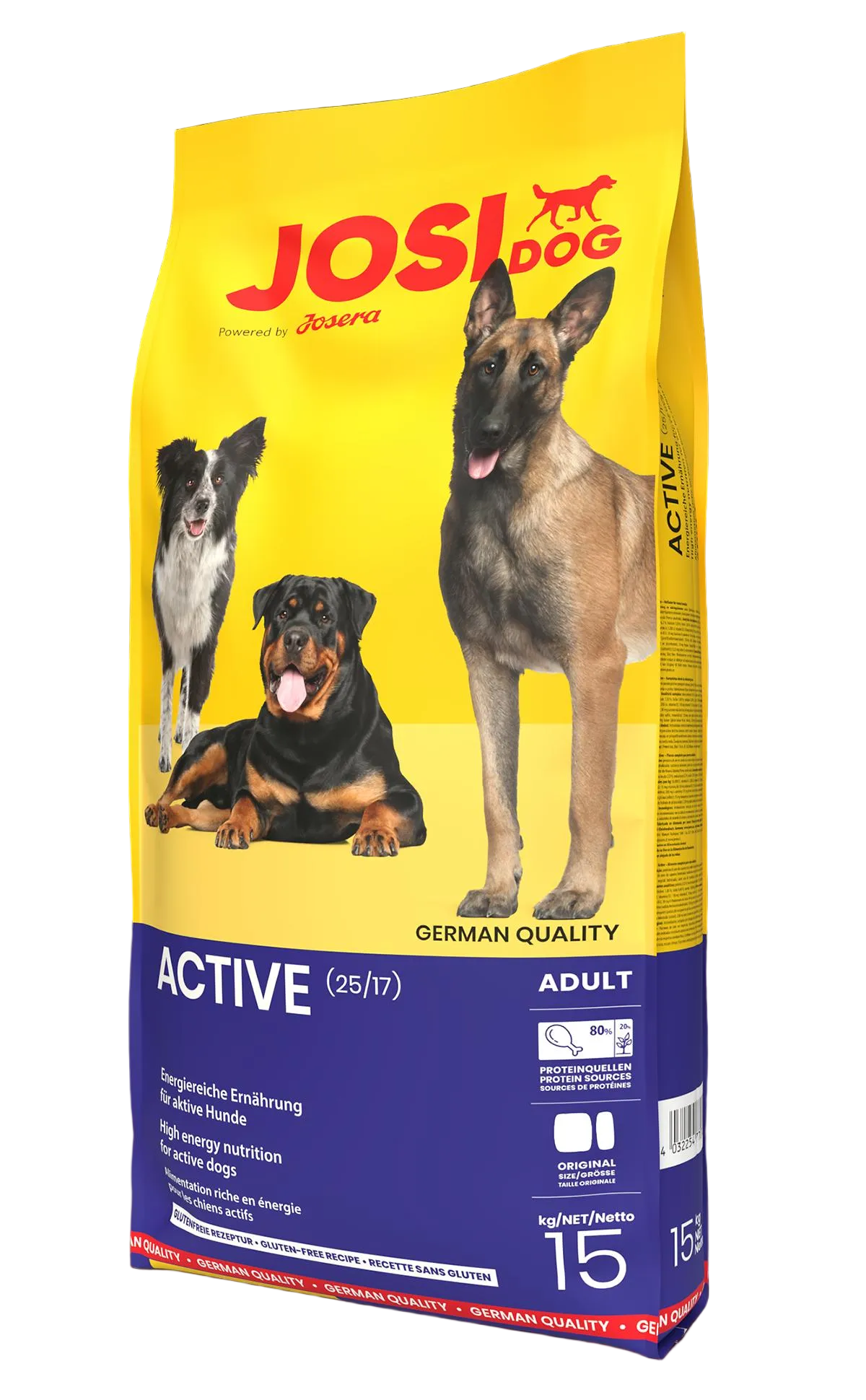 Bag of JosiDog Active dog food with images of dogs on a black background