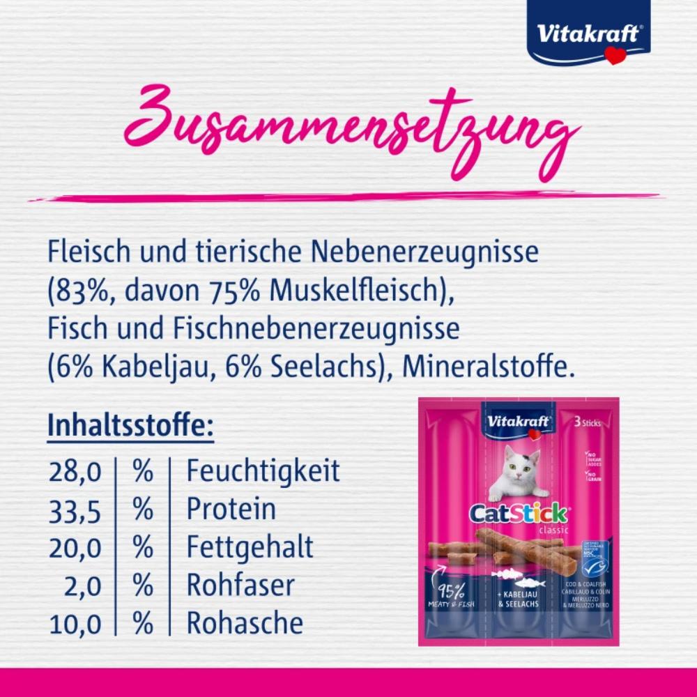 Vitakraft Cat Stick product information with nutritional details on a white background