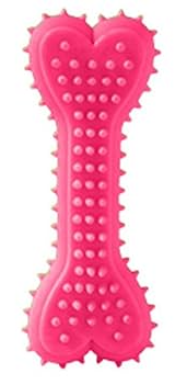 Pink bone-shaped pet toy with textured surface on a white background