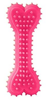 Pink bone-shaped pet toy with textured surface on a white background