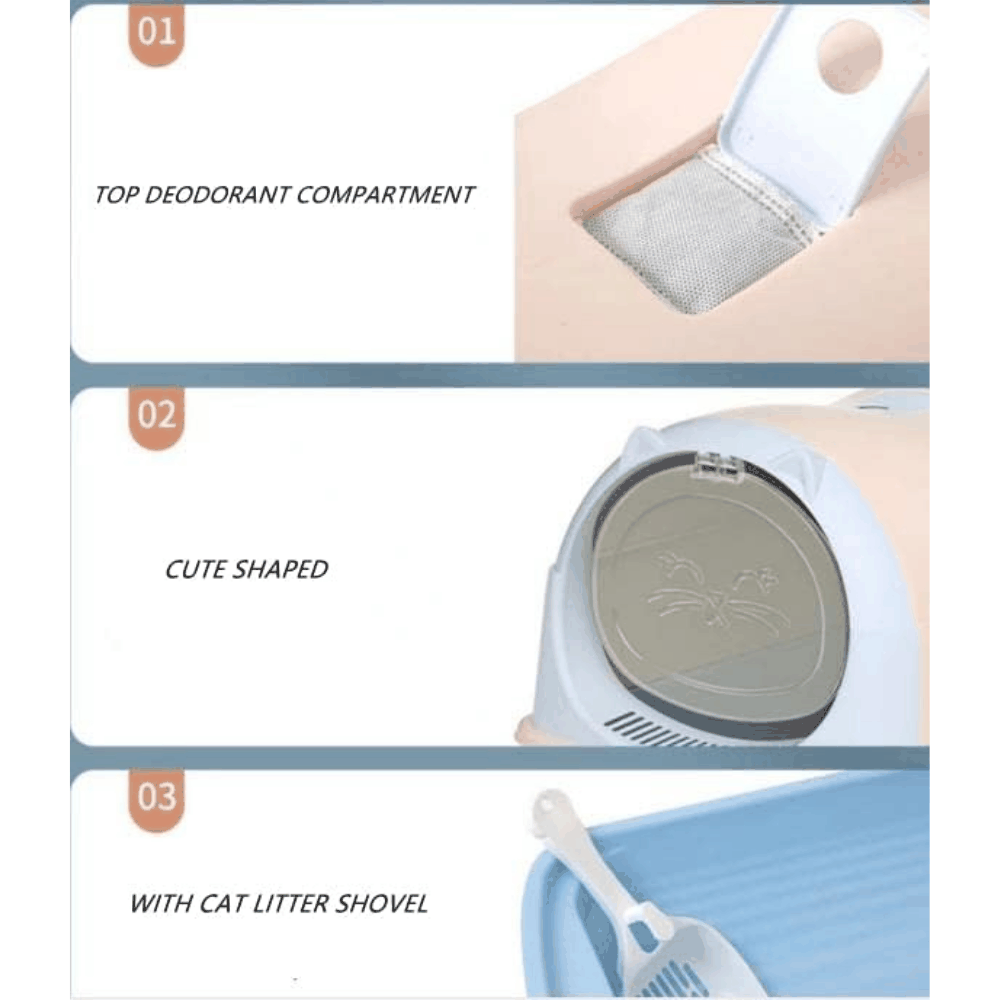 Cat litter box with features highlighted on a white background