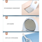 Cat litter box with features highlighted on a white background