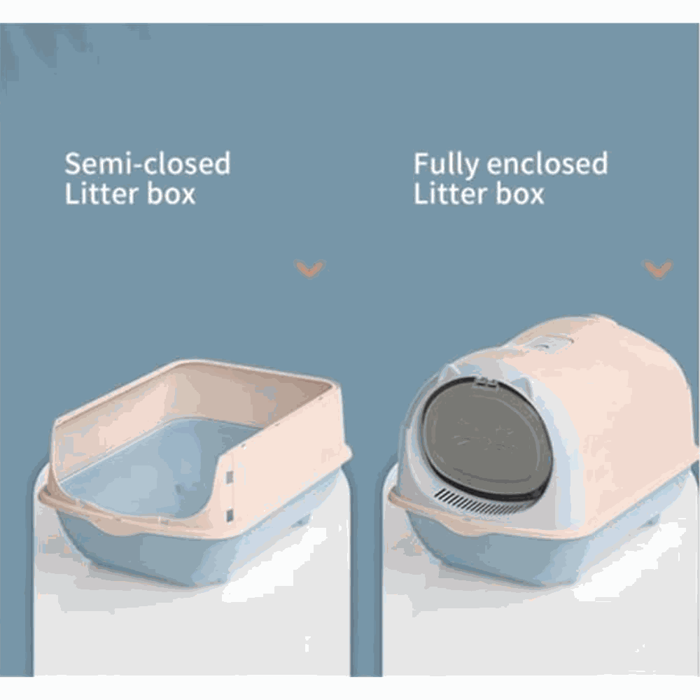 Comparison of semi-closed and fully enclosed litter boxes on a blue background