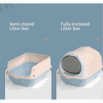 Comparison of semi-closed and fully enclosed litter boxes on a blue background