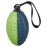Dog toy shaped like a grenade with green and blue sections and a black handle on a white background