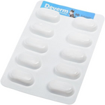 Packaging of Deverm tablets with a white background