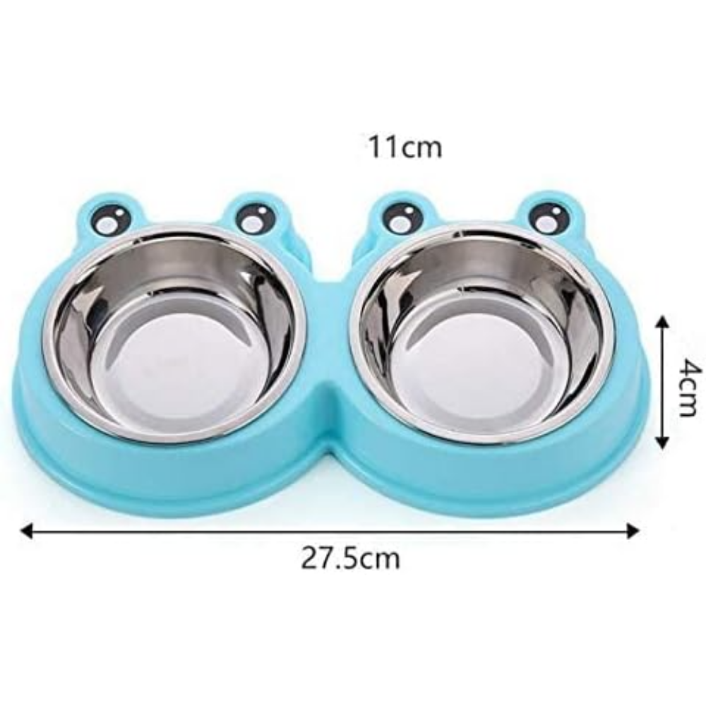 Blue double pet bowl with stainless steel bowls and measurements on a white background