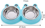 Blue double pet bowl with stainless steel bowls and measurements on a white background