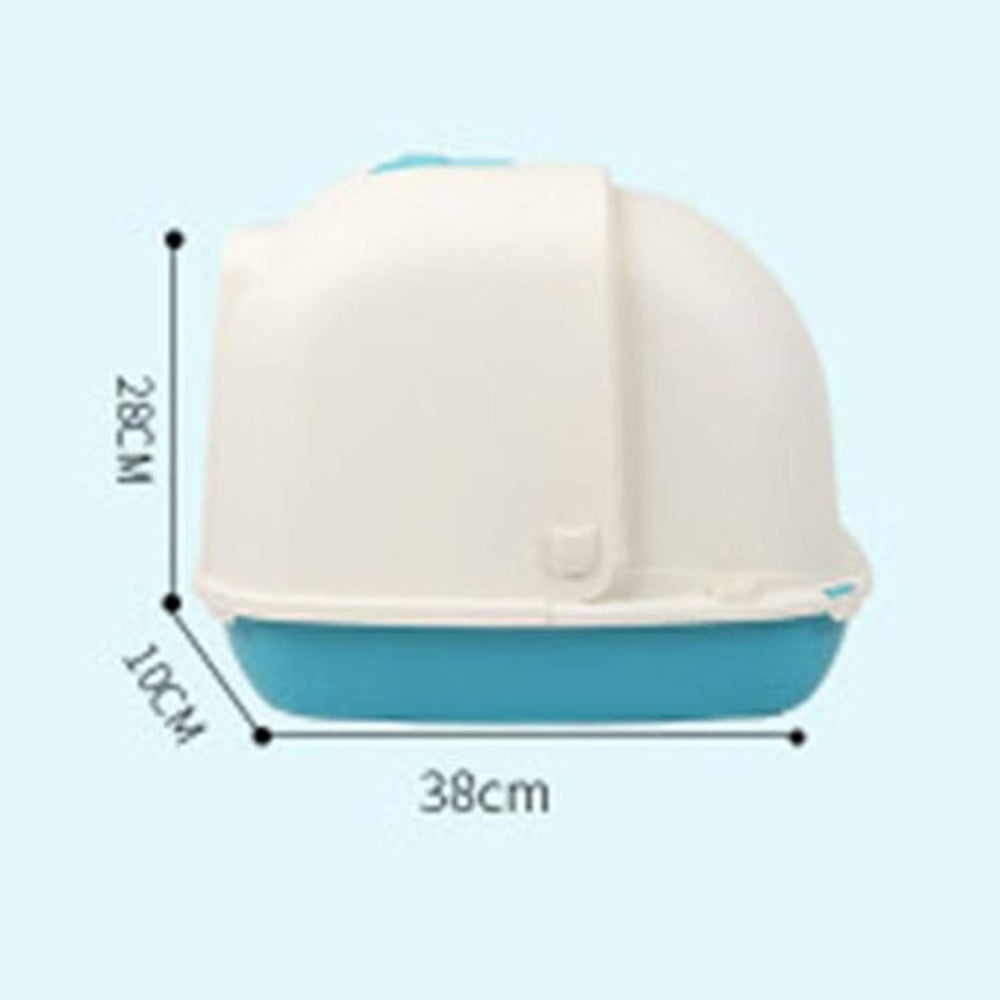 White and blue pet litter box with dimensions on a light blue background