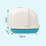 White and blue pet litter box with dimensions on a light blue background
